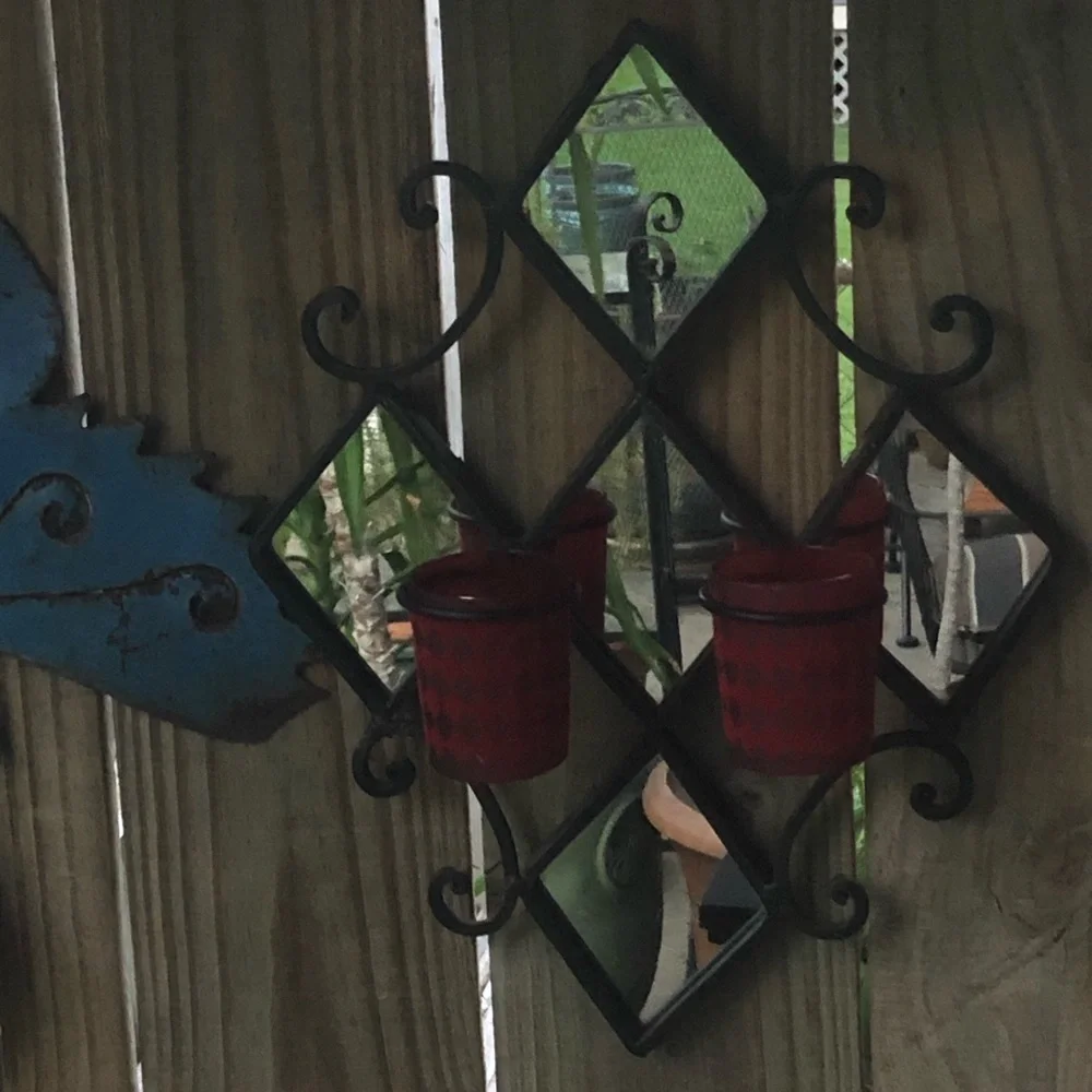 Vintage Black Metal Diamond Shaped Mirrored Wall Sconce with 4 Candle Votives